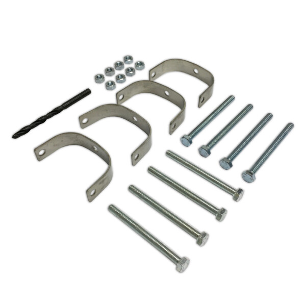 21-teiliges Befestigungssystem für Bambus- und Holzpfosten, bestehend aus zwei U-förmigen Metallklammern, mehreren Schrauben und Muttern, ideal zur sicheren Montage von Pfosten.