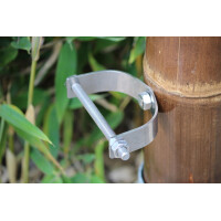 Befestigungssystem aus Metall, bestehend aus einer Klammer und Schrauben, zur Montage an Bambuspfosten.