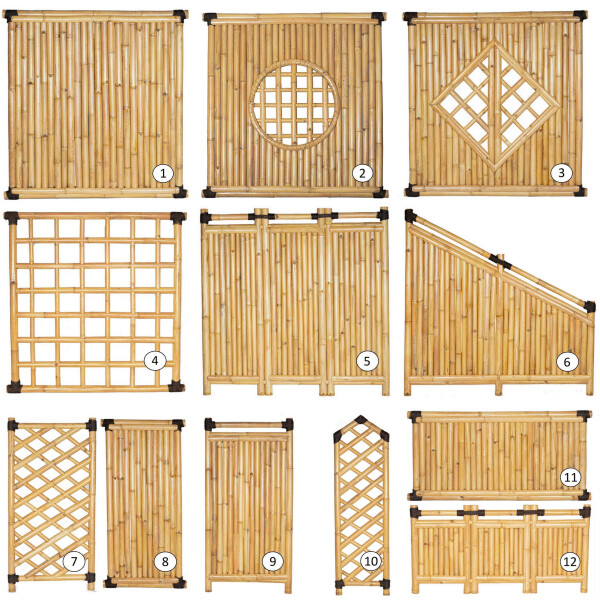 Bambus-Sichtschutz mit vertikalen Stäben und dekorativen Elementen, perfekt für Garten und Terrasse, hergestellt von ANJI NATURE.