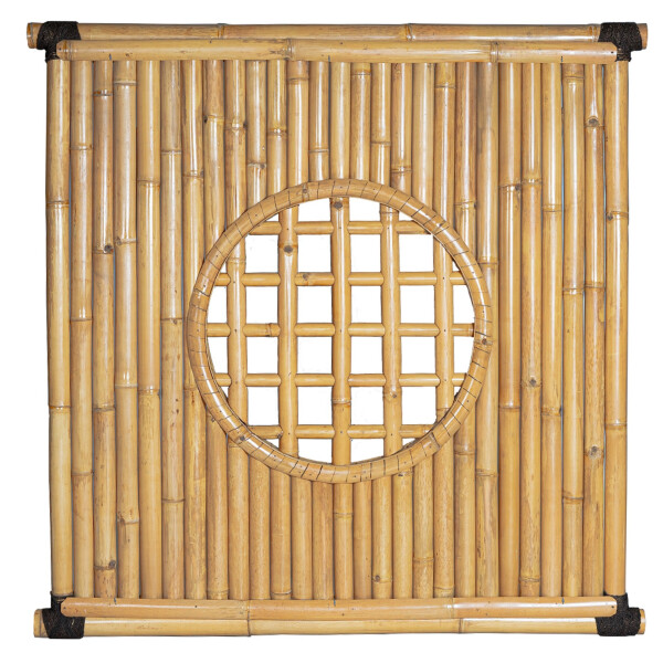 Bambus-Sichtschutz aus natürlichen Bambusstäben, quadratisch, mit dekorativem kreisförmigen Gitter in der Mitte. Maße: 180 cm x 180 cm. Ideal als Zaunelement für Garten und Terrasse, bietet Privatsphäre und natürliche Optik.
