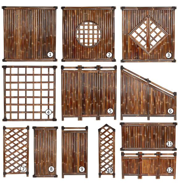 Bambus-Zaunelement ANJI NIGRA mit vertikalen Stäben und dunkler Färbung, ideal für Garten oder Terrasse. Bietet Sichtschutz und natürliche Ästhetik.