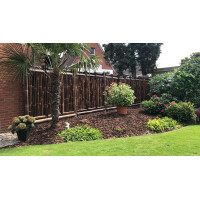 Dunkler Bambus-Sichtschutz ANJI NIGRA als Zaunelement in einem gepflegten Garten mit Palmen und bunten Pflanzen, bietet natürliche Privatsphäre und ästhetische Akzente.