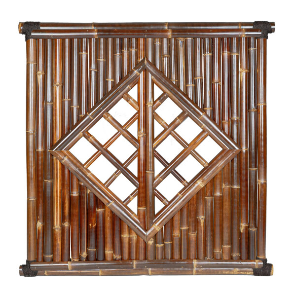 Sichtschutz aus Bambus mit dekorativem Diamantmuster in der Mitte, Maße 180 cm x 180 cm, robuste Konstruktion mit dunkelbraunen Bambusstäben, ideal für Garten oder Terrasse.