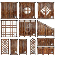 Sichtschutz aus Bambus mit quadratischer Form und zentralem Rundfenster mit Gittermuster. Material: Bambus, Größe: 180 cm x 180 cm.