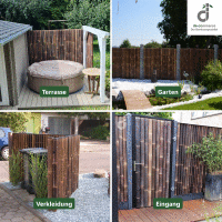 Sichtschutz aus Bambus XXL NIGRA mit Maßen 180 cm x 180 cm, montiert an einer modernen Gartenmauer mit integrierter Beleuchtung.