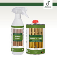 Produktetikett in Weiß und Grün mit dem Titel „Bamboo Care“ mit Bambusmotiven sowie Hinweisen zur Anwendung und Sicherheit auf Deutsch und Englisch mit dem DE-Commerce Logo