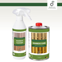 Grün- Weißes Etikett mit der Aufschrift „Bamboo Cleaner“, Bambusbildern sowie Warnhinweise und Anwendungshinweisen auf Deutsch und Englisch und dem DE-Commerce-Logo.