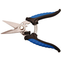 Stabile Schere mit ergonomischen Griffen in Blau und Schwarz, speziell für das Schneiden von Bambusparkett und Bodenbelägen entwickelt.