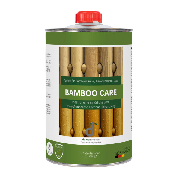 Weiß-grünes Etikett mit der Aufschrift „Bamboo Care“ und einem zentralen Bild von Bambusrohren. Enthält Produktbeschreibung, Anwendungs- und Sicherheitshinweise sowie Umweltzeichen in Deutsch und Englisch.