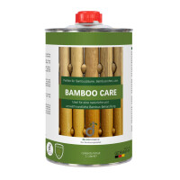 Weiß-grünes Etikett mit der Aufschrift „Bamboo Care“ und einem zentralen Bild von Bambusrohren. Enthält Produktbeschreibung, Anwendungs- und Sicherheitshinweise sowie Umweltzeichen in Deutsch und Englisch.