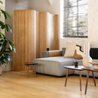 Doppelseitiger Paravent aus Bambus in natürlicher Farbe, der als Raumteiler in einem modernen Wohnzimmer platziert ist. Der Paravent hat eine elegante, gewölbte Form und passt harmonisch zu den natürlichen Materialien und der minimalistischen Einrichtung des Raumes.