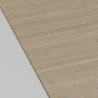 Bambusteppich mit massivem Aufbau und Stegen von 17 mm Dicke, Maße etwa 40x60 cm. Gezeigt wird die Steggewinnung aus einem Bambusrohr, die Seitenansicht und Draufsicht der natürlichen Bambusoberfläche mit sichtbaren Nodien.