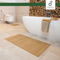 Drei rechteckige Badezimmerteppiche in verschiedenen Größen, jeweils mit vertikalen Linienmuster und einem dekorativen Element, das an eine Blume erinnert. Die Teppiche haben eine Breite von 17 mm und Längen von 40 cm, 50 cm und 60 cm sowie 50 cm, 80 cm und 100 cm. Ideal für die Verwendung im Badezimmer.