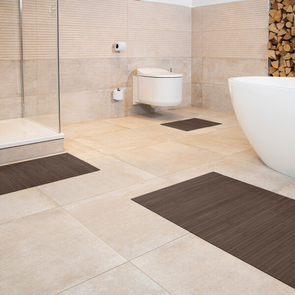Badteppich Badematte LINES im 3-er Set aus Bambus, rutschfest, Farbe: MOCHA