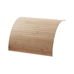 Hochwertige Bambus Couchablage in Taupe, Maße 50 x 70 cm, mit eleganten, horizontalen Streifen und leicht gebogener Form für eine moderne Optik.