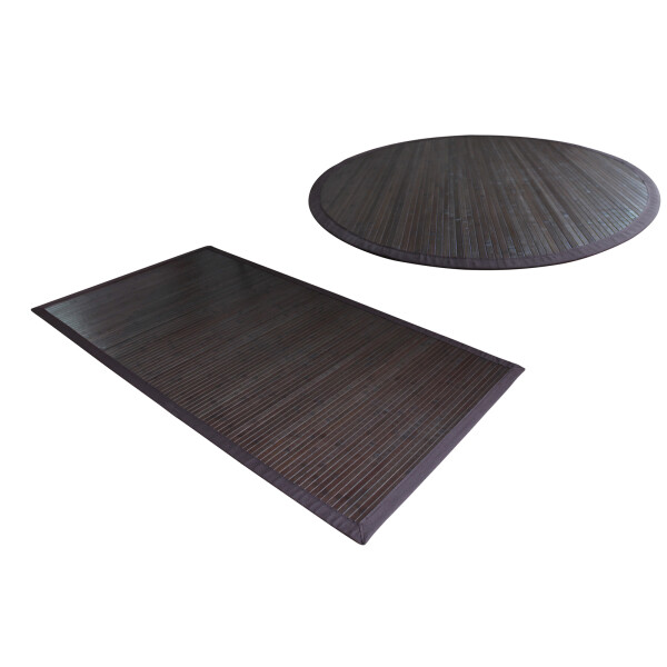 Zwei Bambusteppiche in dunkelbrauner Farbe, einer rechteckig und einer rund, beide mit parallelen Streifenmustern.