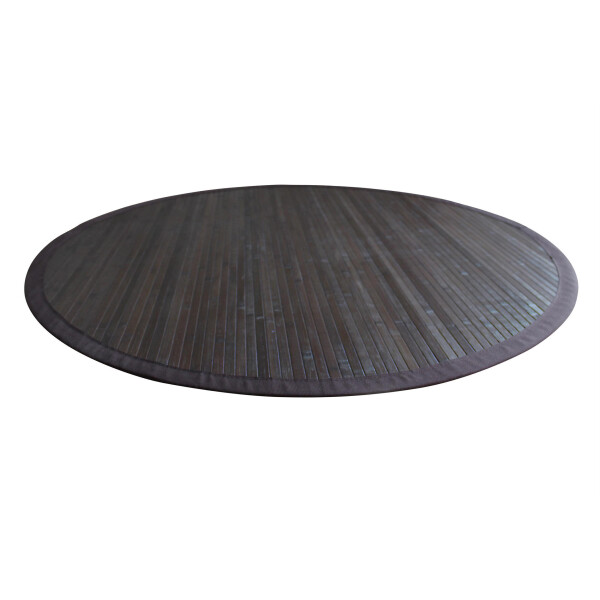Runder Bambusteppich in dunkelbrauner Farbe mit einer breiten Bordüre, die dem Teppich eine elegante Optik verleiht. Der Teppich hat einen Durchmesser von 200 cm und zeigt eine klassische, gleichmäßige Bambusstruktur, die für eine natürliche und warme Atmosphäre sorgt.