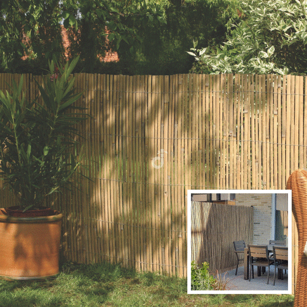 Sichtschutzzaun aus Bambus im Garten, der eine natürliche, dekorative Trennung bietet. Die vertikalen Bambusstäbe sind gleichmäßig angeordnet und schaffen eine harmonische, grüne Atmosphäre. Ideal für eine stilvolle Privatsphäre im Außenbereich.