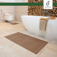 Drei rechteckige Badezimmerteppiche in verschiedenen Größen, jeweils mit vertikalen Linienmuster und einem dekorativen Element, das an eine Blume erinnert. Die Teppiche haben eine Breite von 17 mm und Längen von 40 cm, 50 cm und 60 cm sowie 50 cm, 80 cm und 100 cm. Ideal für die Verwendung im Badezimmer.
