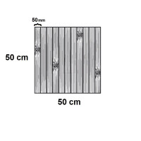Quadratische Bambus Badematte mit Maßen 50 x 50 cm, bestehend aus längs angeordneten Bambusstreifen und dekorativen Blumenmustern an den Ecken.
