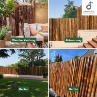 Gemütliche Outdoor-Lounge mit einem Sichtschutz aus dunklem Bambus, der eine natürliche und elegante Atmosphäre schafft. Der Bambuszaun bietet Privatsphäre und passt perfekt zu modernen Gartenmöbeln.