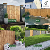 Gemütliche Outdoor-Lounge mit einem Sichtschutz aus dunklem Bambus, der eine natürliche und elegante Atmosphäre schafft. Der Bambuszaun bietet Privatsphäre und passt perfekt zu modernen Gartenmöbeln.