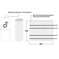 Bambus-Sichtschutzrollzaun mit einer Höhe und Breite von jeweils 180 cm, bestehend aus dicht nebeneinander angeordneten Bambusstäben, die in verschiedenen Höhen abgeschnitten und mit Draht zusammengehalten sind. Der Zaun ist in einem biologisch abbaubaren Versandbeutel verpackt und eignet sich ideal für eine umweltfreundliche Gartengestaltung.