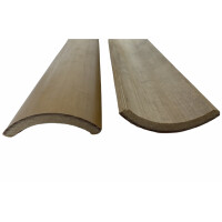 Zwei gebogene Bambuslatten mit glatter Oberfläche und abgerundeten Kanten, ideal zur Zwischenraumabdichtung von Bambuszaunelementen.