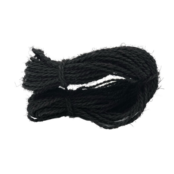 SchwarzesPalmseil, aufgerollt und zusammengebunden, mit einer Länge von 25 Metern. Ideal für kreative Bastelprojekte und Dekorationen.