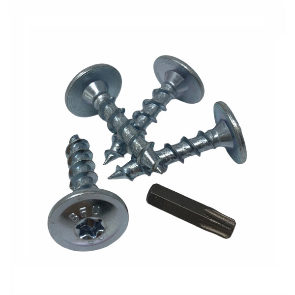 Edelstahl-Pfostenverbinderschrauben Set mit vier Schrauben und einem Inbusschlüssel, ideal für die stabile Montage von Bambuskonstruktionen.