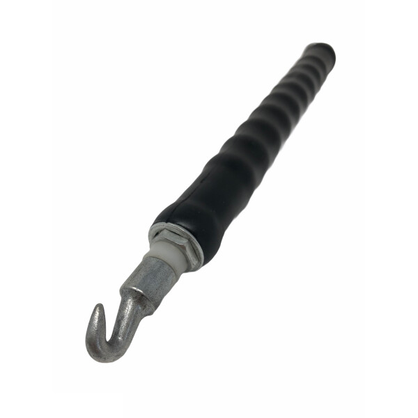 Werkzeug mit spiralförmigem Griff und robustem Metallhaken am Ende, ideal für das Einziehen von Ösenbindedraht.