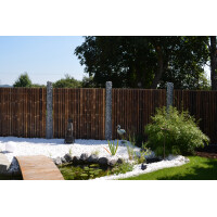 Garten mit Sichtschutz aus Bambus. Hoher, breiter Zaun aus dunklem Bambus, kombiniert mit Gabionen, bietet Privatsphäre und natürliche Ästhetik.