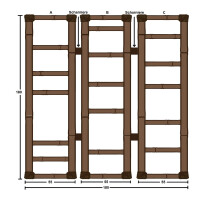 Drei miteinander verbundene Bambusrahmen mit quadratischem Design, jeder Rahmen mit seitlichen Scharnieren für flexible Positionierung. Rahmen sind 180 cm hoch und 55 cm breit, mit dunklen Verbindungsknoten an den Ecken. Ideal als Raumteiler oder dekoratives Element im Innenbereich.