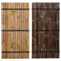 Zwei Sichtschutz-Bambuszaunelemente in Natur und Dunkelbraun, jeweils mit stabiler Verbindung durch schwarze Kabelbinder.