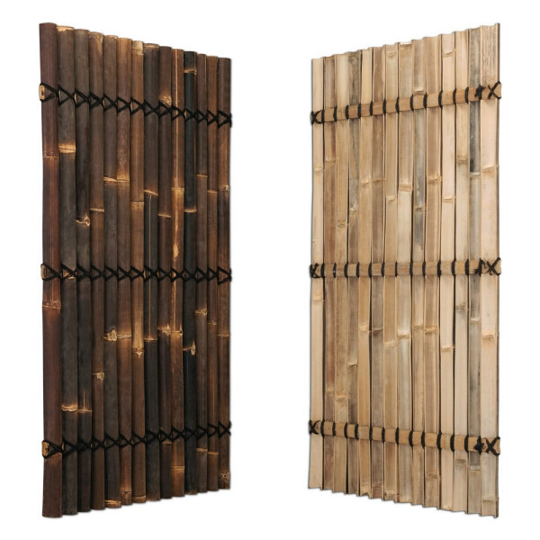 Zwei Sichtschutz-Bambuszaunelemente in Natur und Dunkelbraun, jeweils mit stabiler Verbindung durch schwarze Kabelbinder.