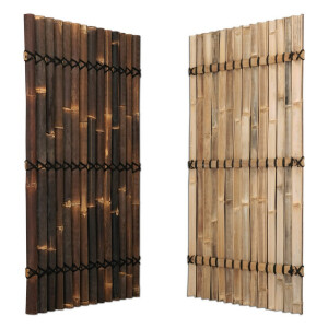 Zwei Sichtschutz-Bambuszaunelemente in Natur und Dunkelbraun, jeweils mit stabiler Verbindung durch schwarze Kabelbinder.