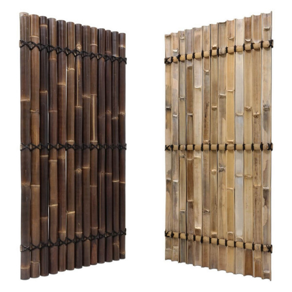 Zwei Sichtschutz-Bambuszaunelemente in Natur und Dunkelbraun, jeweils mit stabiler Verbindung durch schwarze Kabelbinder.