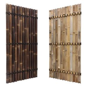 Zwei Sichtschutz-Bambuszaunelemente in Natur und Dunkelbraun, jeweils mit stabiler Verbindung durch schwarze Kabelbinder.