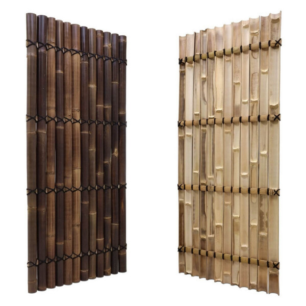 Zwei Sichtschutz-Bambuszaunelemente in Natur und Dunkelbraun, jeweils mit stabiler Verbindung durch schwarze Kabelbinder.