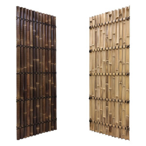 Zwei Sichtschutz-Bambuszaunelemente in Natur und Dunkelbraun, jeweils mit stabiler Verbindung durch schwarze Kabelbinder.