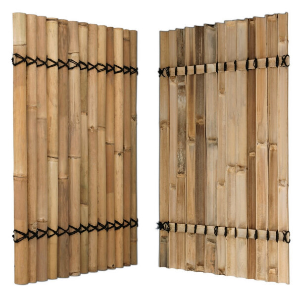Zwei Sichtschutz-Bambuszaunelemente in Natur und Dunkelbraun, jeweils mit stabiler Verbindung durch schwarze Kabelbinder.