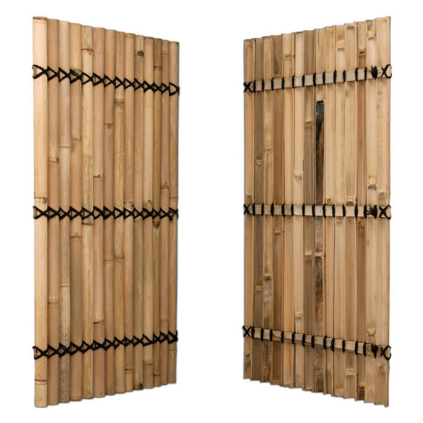 Zwei Sichtschutz-Bambuszaunelemente in Natur und Dunkelbraun, jeweils mit stabiler Verbindung durch schwarze Kabelbinder.