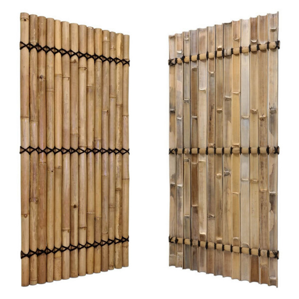 Zwei Sichtschutz-Bambuszaunelemente in Natur und Dunkelbraun, jeweils mit stabiler Verbindung durch schwarze Kabelbinder.
