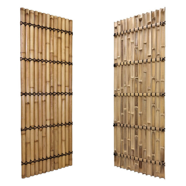 Zwei Sichtschutz-Bambuszaunelemente in Natur und Dunkelbraun, jeweils mit stabiler Verbindung durch schwarze Kabelbinder.