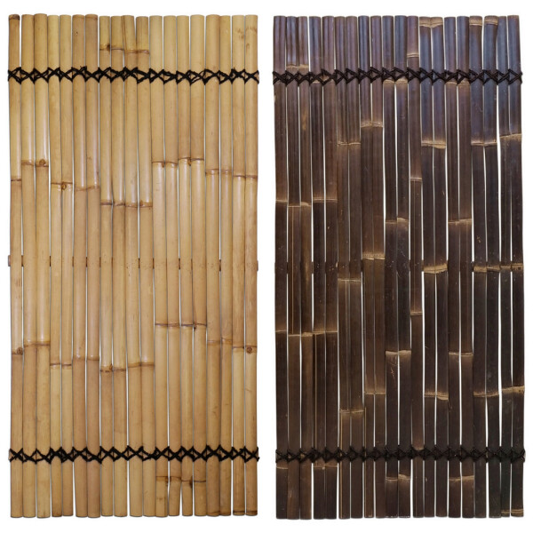 Sichtschutz aus Bambus KISU Gartenzaun Bambuszaun in zwei Farben: Natur und dunkelbraun. Jeder Zaun ist aus mehreren Bambusstäben gefertigt, die durch schwarze Schnüre zusammengehalten werden. Ideal für Garten, Terrasse oder Balkon.