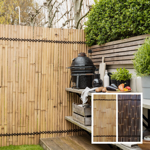 Sichtschutz aus Bambus KISU Gartenzaun Bambuszaun in zwei Farben: Natur und dunkelbraun. Jeder Zaun ist aus mehreren Bambusstäben gefertigt, die durch schwarze Schnüre zusammengehalten werden. Ideal für Garten, Terrasse oder Balkon.