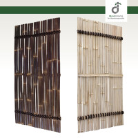 Brauner Bambuszaun KISU als Sichtschutz in einem modernen Garten, kombiniert mit einem weißen Pflanzkübel und grünen Pflanzen auf grauer Terrasse.