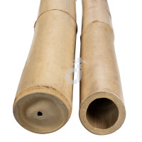 Zwei naturbelassene Bambuspfosten, jeweils etwa 100 cm lang und mit einem Durchmesser von 6-8 cm. Die Pfosten sind hohl und weisen natürliche Maserungen sowie leichte Unregelmäßigkeiten auf. Ideal für Dekoration oder handwerkliche Projekte.