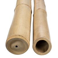 Zwei Bambuspfosten mit natürlicher Oberfläche, jeder etwa 120 cm lang und mit einem Durchmesser von 8-10 cm. Die Pfosten zeigen die charakteristischen Nodien und eine glatte, unbehandelte Textur.