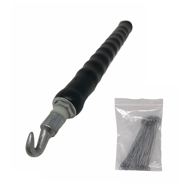 Drillapparat mit schwarzem, ergonomischem Griff und Metallhaken, dazu eine Packung mit 40 Befestigungsdrähten in einer durchsichtigen Verpackung.